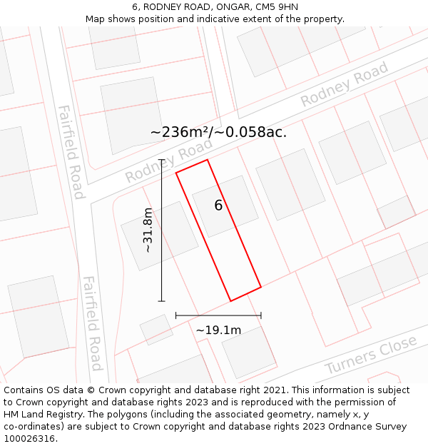 6, RODNEY ROAD, ONGAR, CM5 9HN: Plot and title map
