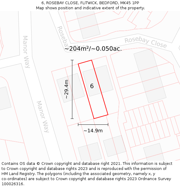 6, ROSEBAY CLOSE, FLITWICK, BEDFORD, MK45 1PP: Plot and title map