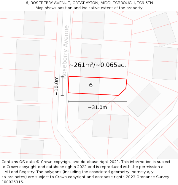 6, ROSEBERRY AVENUE, GREAT AYTON, MIDDLESBROUGH, TS9 6EN: Plot and title map
