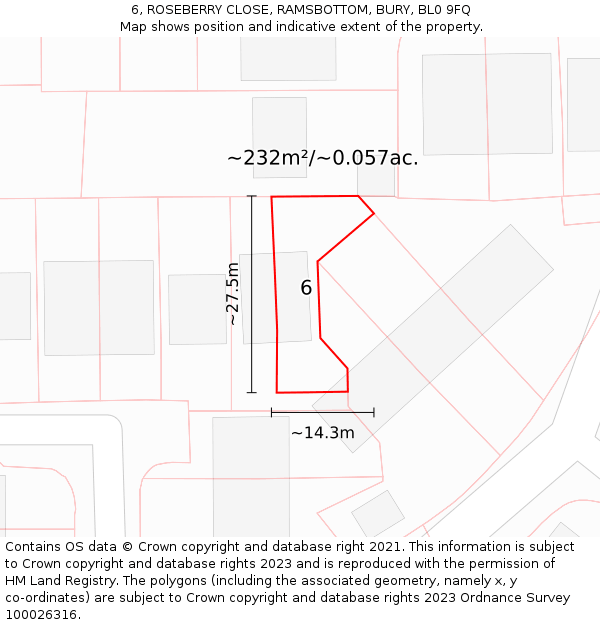 6, ROSEBERRY CLOSE, RAMSBOTTOM, BURY, BL0 9FQ: Plot and title map