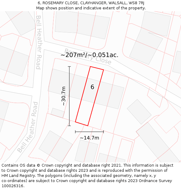 6, ROSEMARY CLOSE, CLAYHANGER, WALSALL, WS8 7RJ: Plot and title map