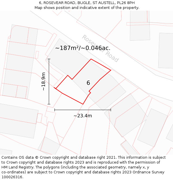 6, ROSEVEAR ROAD, BUGLE, ST AUSTELL, PL26 8PH: Plot and title map