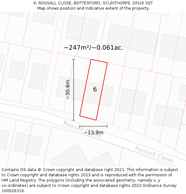 6, ROSSALL CLOSE, BOTTESFORD, SCUNTHORPE, DN16 3QT: Plot and title map