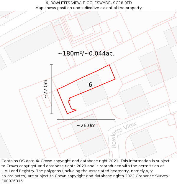 6, ROWLETTS VIEW, BIGGLESWADE, SG18 0FD: Plot and title map