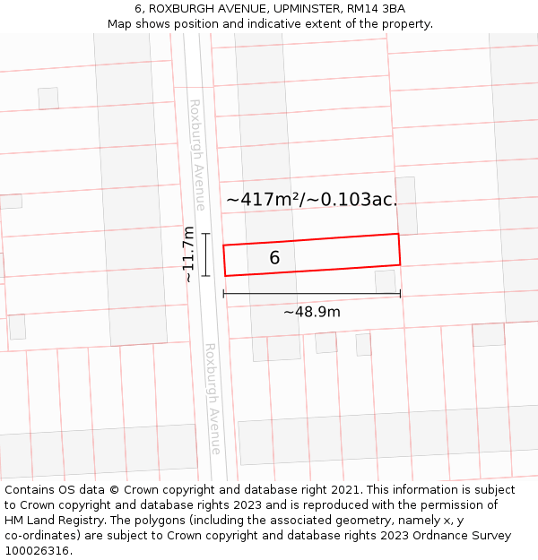 6, ROXBURGH AVENUE, UPMINSTER, RM14 3BA: Plot and title map