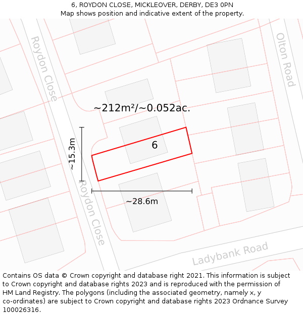 6, ROYDON CLOSE, MICKLEOVER, DERBY, DE3 0PN: Plot and title map