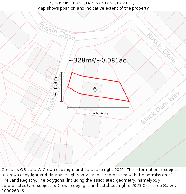 6, RUSKIN CLOSE, BASINGSTOKE, RG21 3QH: Plot and title map
