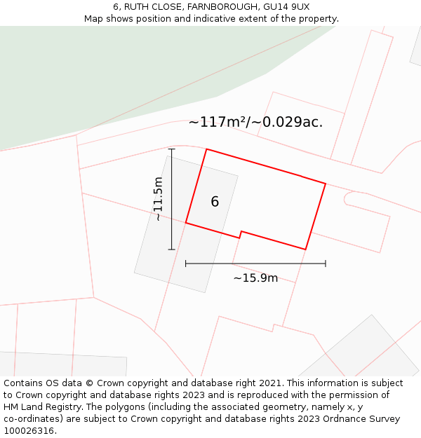6, RUTH CLOSE, FARNBOROUGH, GU14 9UX: Plot and title map