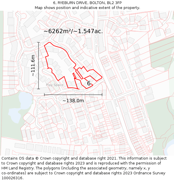 6, RYEBURN DRIVE, BOLTON, BL2 3FP: Plot and title map