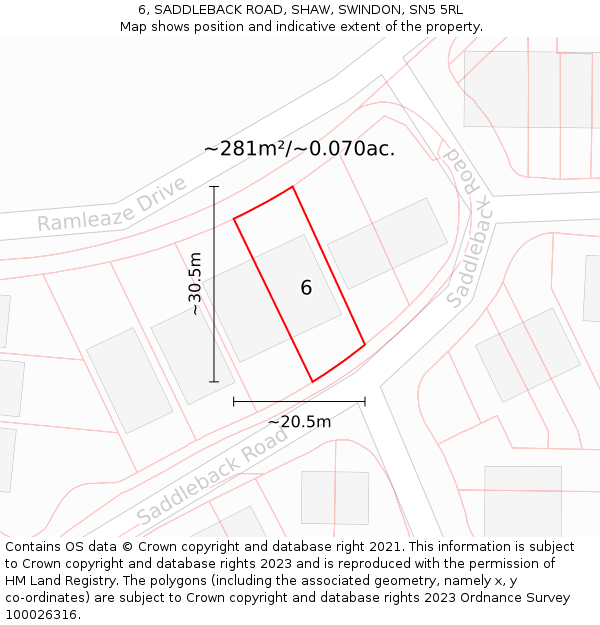 6, SADDLEBACK ROAD, SHAW, SWINDON, SN5 5RL: Plot and title map