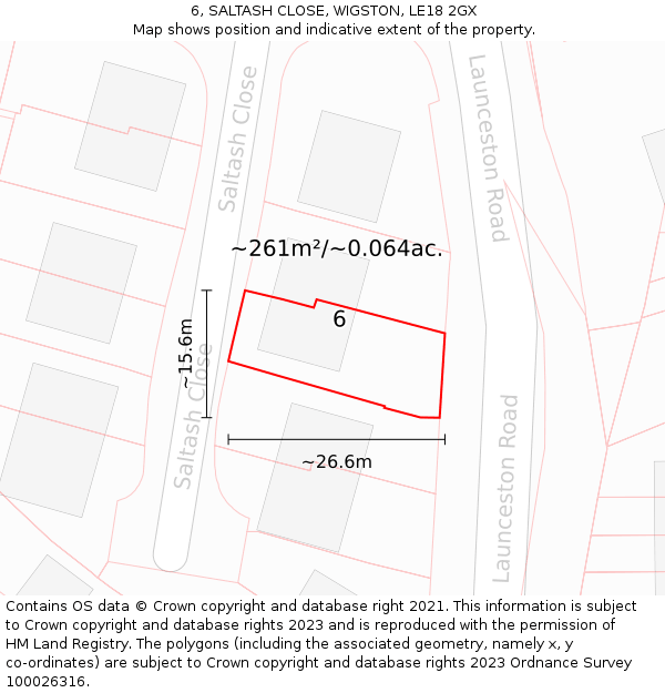 6, SALTASH CLOSE, WIGSTON, LE18 2GX: Plot and title map