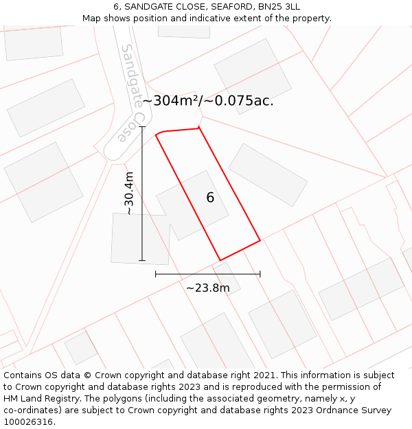 6, SANDGATE CLOSE, SEAFORD, BN25 3LL: Plot and title map