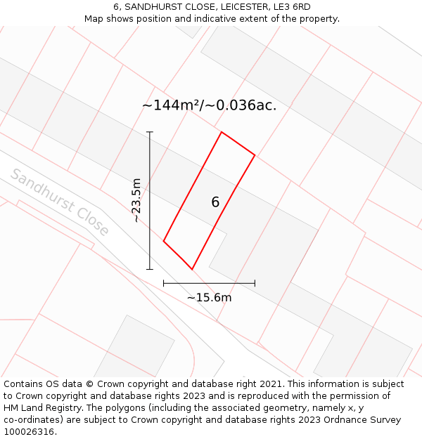 6, SANDHURST CLOSE, LEICESTER, LE3 6RD: Plot and title map