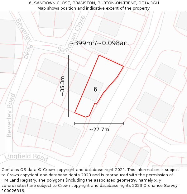 6, SANDOWN CLOSE, BRANSTON, BURTON-ON-TRENT, DE14 3GH: Plot and title map