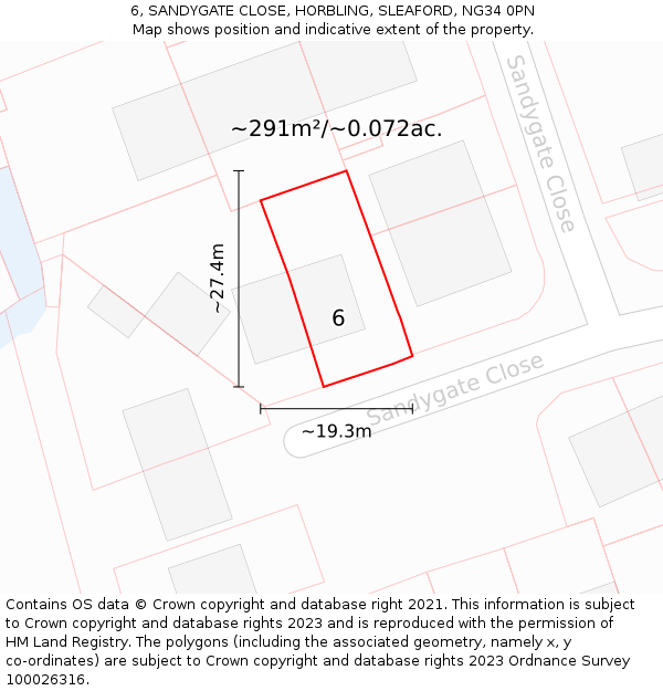 6, SANDYGATE CLOSE, HORBLING, SLEAFORD, NG34 0PN: Plot and title map