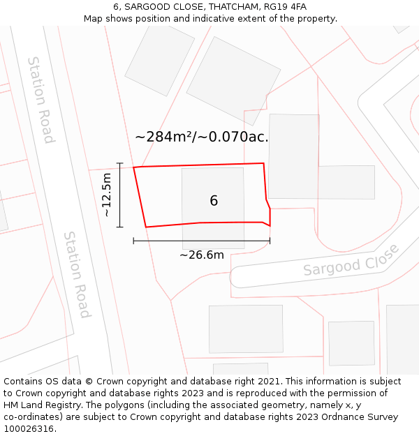 6, SARGOOD CLOSE, THATCHAM, RG19 4FA: Plot and title map