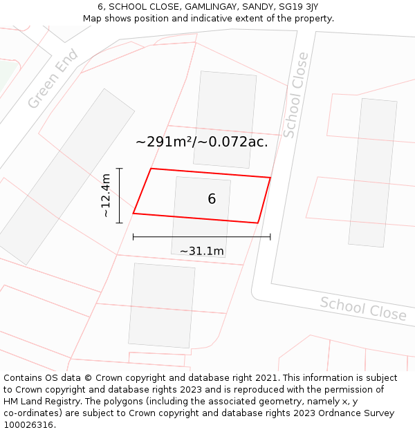 6, SCHOOL CLOSE, GAMLINGAY, SANDY, SG19 3JY: Plot and title map