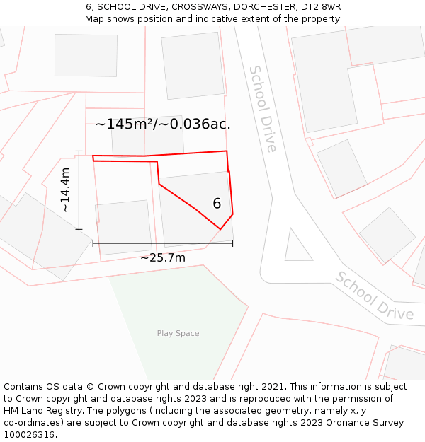 6, SCHOOL DRIVE, CROSSWAYS, DORCHESTER, DT2 8WR: Plot and title map