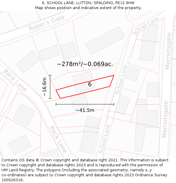 6, SCHOOL LANE, LUTTON, SPALDING, PE12 9HW: Plot and title map