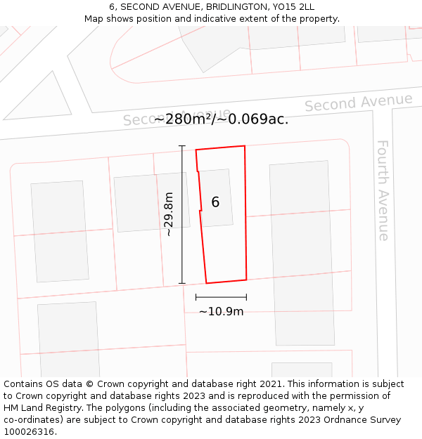 6, SECOND AVENUE, BRIDLINGTON, YO15 2LL: Plot and title map
