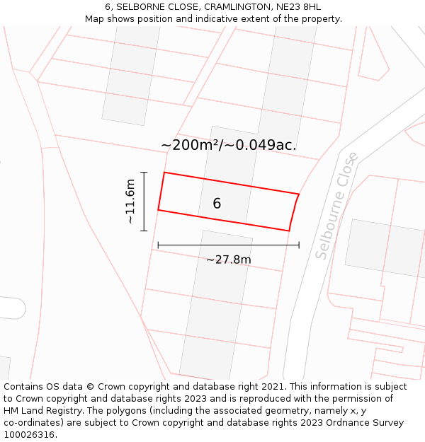 6, SELBORNE CLOSE, CRAMLINGTON, NE23 8HL: Plot and title map