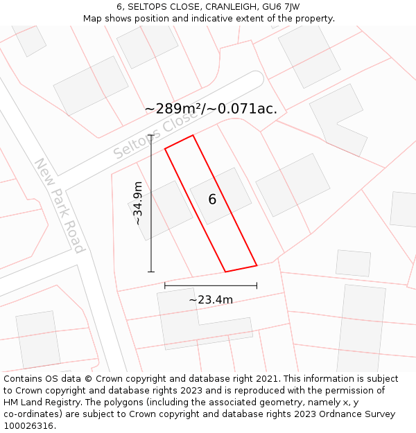 6, SELTOPS CLOSE, CRANLEIGH, GU6 7JW: Plot and title map