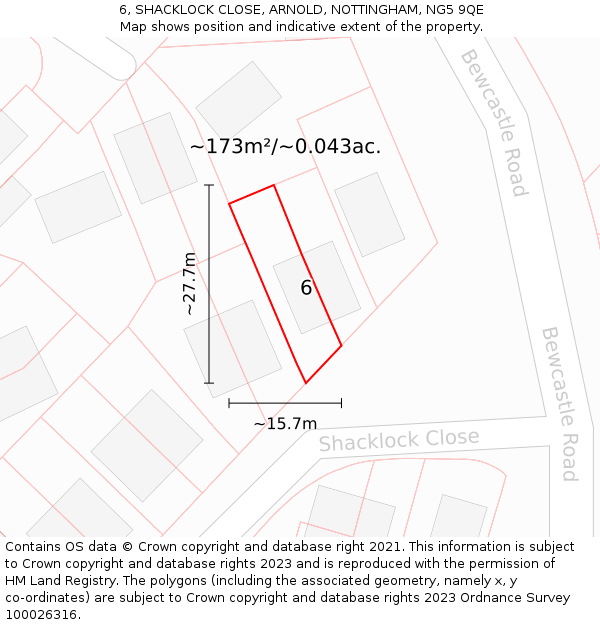 6, SHACKLOCK CLOSE, ARNOLD, NOTTINGHAM, NG5 9QE: Plot and title map