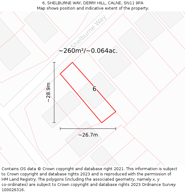 6, SHELBURNE WAY, DERRY HILL, CALNE, SN11 9PA: Plot and title map