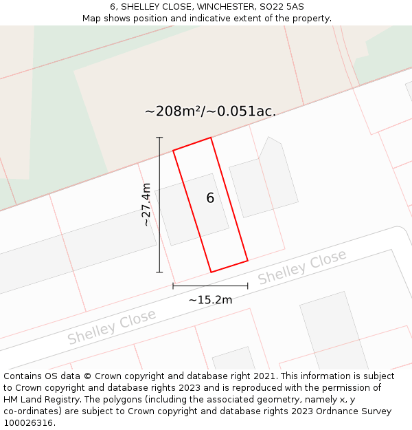 6, SHELLEY CLOSE, WINCHESTER, SO22 5AS: Plot and title map