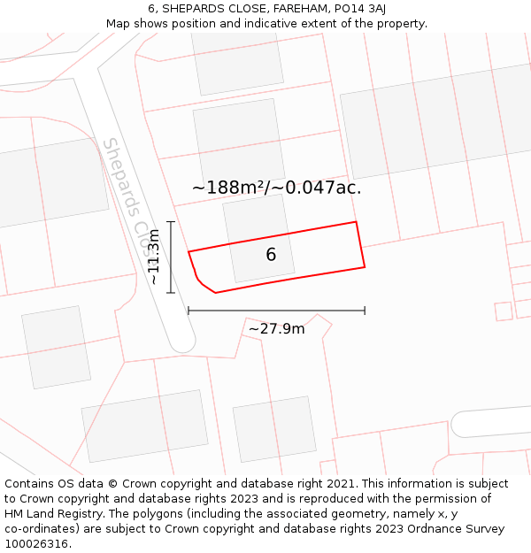 6, SHEPARDS CLOSE, FAREHAM, PO14 3AJ: Plot and title map