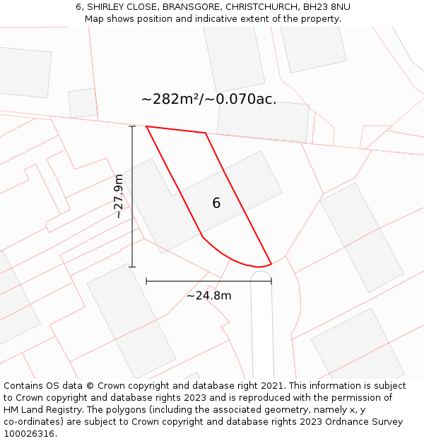 6, SHIRLEY CLOSE, BRANSGORE, CHRISTCHURCH, BH23 8NU: Plot and title map
