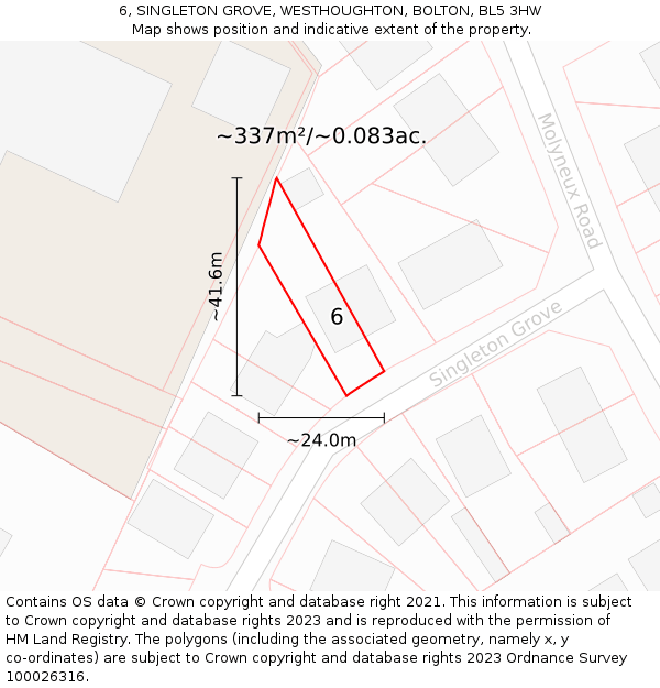 6, SINGLETON GROVE, WESTHOUGHTON, BOLTON, BL5 3HW: Plot and title map
