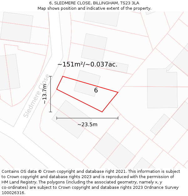 6, SLEDMERE CLOSE, BILLINGHAM, TS23 3LA: Plot and title map
