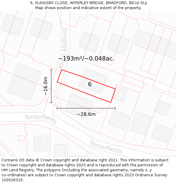 6, SLINGSBY CLOSE, APPERLEY BRIDGE, BRADFORD, BD10 0UJ: Plot and title map