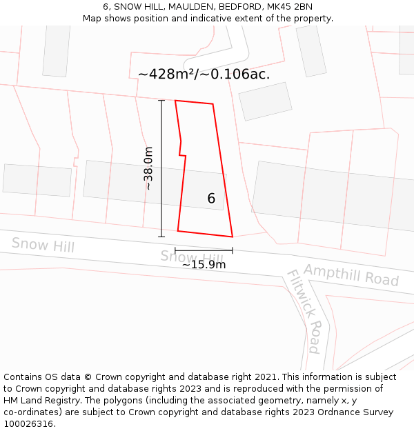 6, SNOW HILL, MAULDEN, BEDFORD, MK45 2BN: Plot and title map