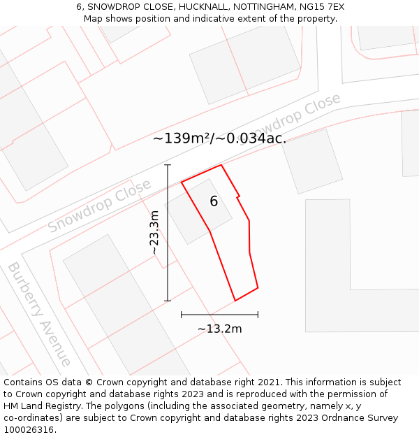 6, SNOWDROP CLOSE, HUCKNALL, NOTTINGHAM, NG15 7EX: Plot and title map