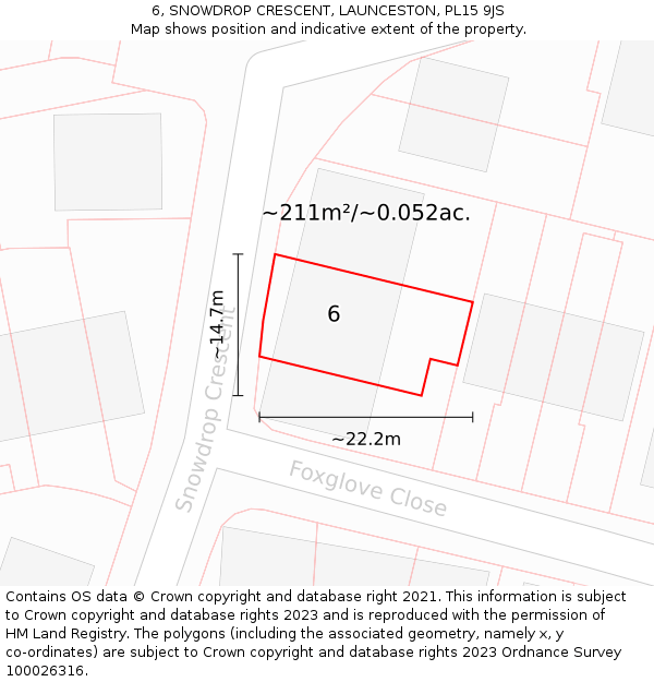 6, SNOWDROP CRESCENT, LAUNCESTON, PL15 9JS: Plot and title map