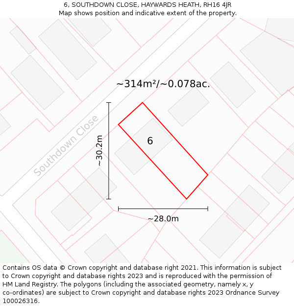 6, SOUTHDOWN CLOSE, HAYWARDS HEATH, RH16 4JR: Plot and title map