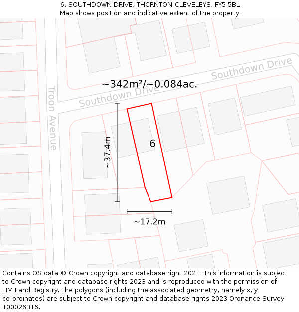 6, SOUTHDOWN DRIVE, THORNTON-CLEVELEYS, FY5 5BL: Plot and title map