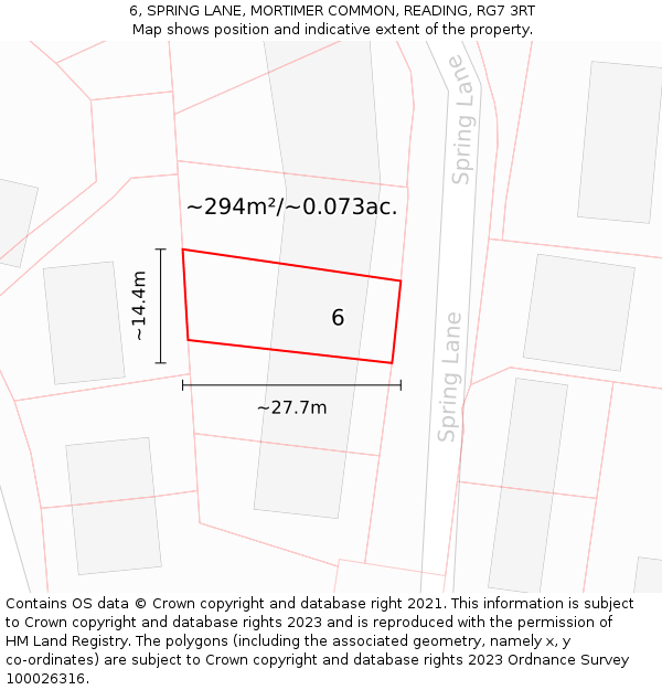 6, SPRING LANE, MORTIMER COMMON, READING, RG7 3RT: Plot and title map