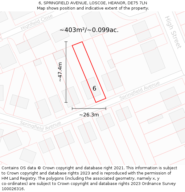 6, SPRINGFIELD AVENUE, LOSCOE, HEANOR, DE75 7LN: Plot and title map