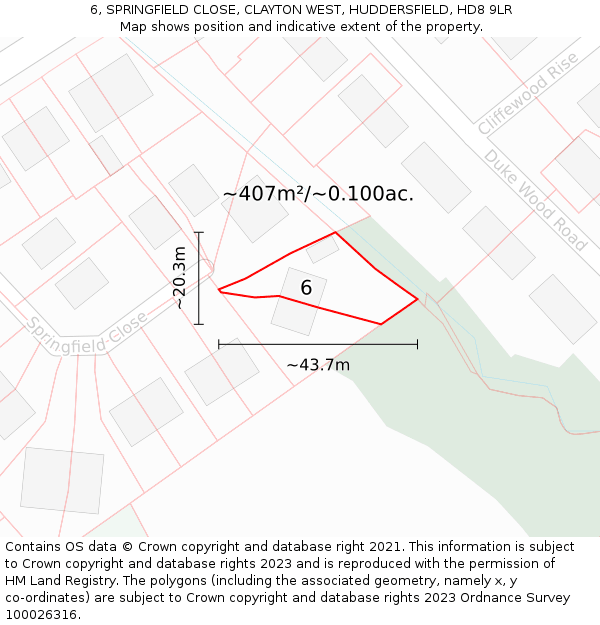6, SPRINGFIELD CLOSE, CLAYTON WEST, HUDDERSFIELD, HD8 9LR: Plot and title map