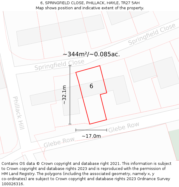 6, SPRINGFIELD CLOSE, PHILLACK, HAYLE, TR27 5AH: Plot and title map