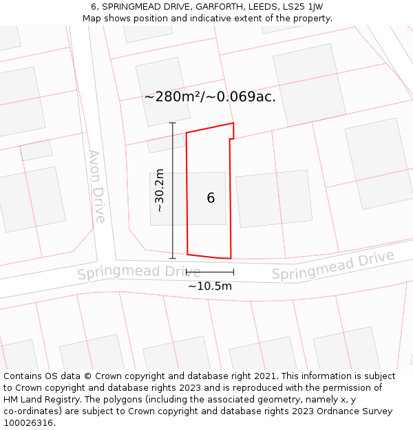 6, SPRINGMEAD DRIVE, GARFORTH, LEEDS, LS25 1JW: Plot and title map