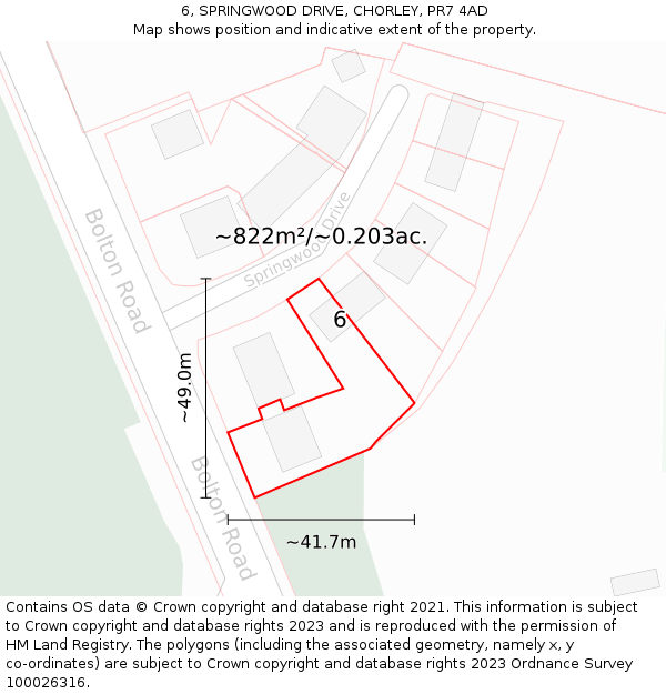 6, SPRINGWOOD DRIVE, CHORLEY, PR7 4AD: Plot and title map