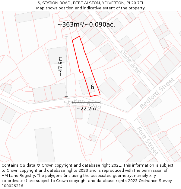 6, STATION ROAD, BERE ALSTON, YELVERTON, PL20 7EL: Plot and title map