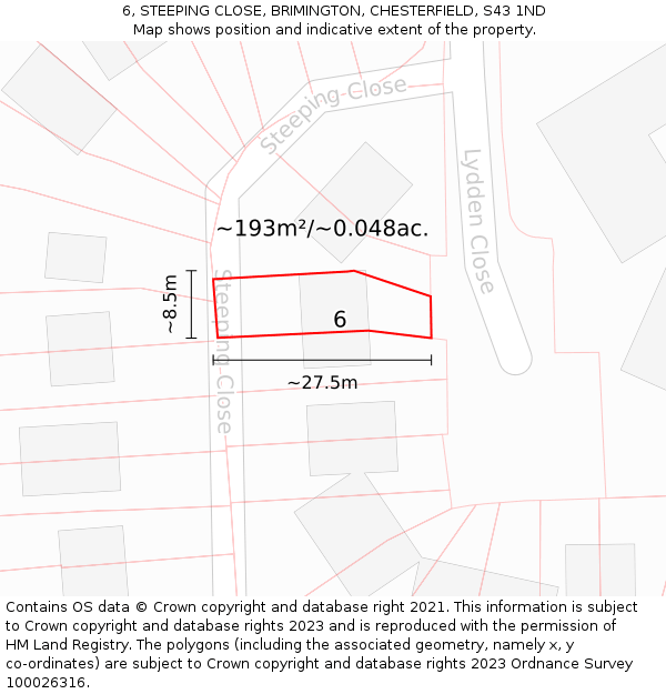 6, STEEPING CLOSE, BRIMINGTON, CHESTERFIELD, S43 1ND: Plot and title map