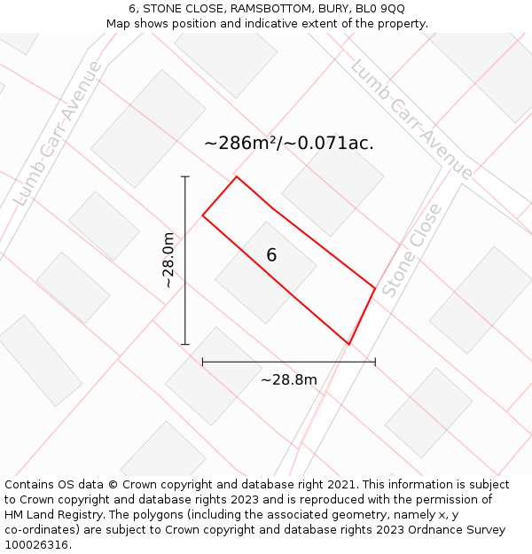 6, STONE CLOSE, RAMSBOTTOM, BURY, BL0 9QQ: Plot and title map
