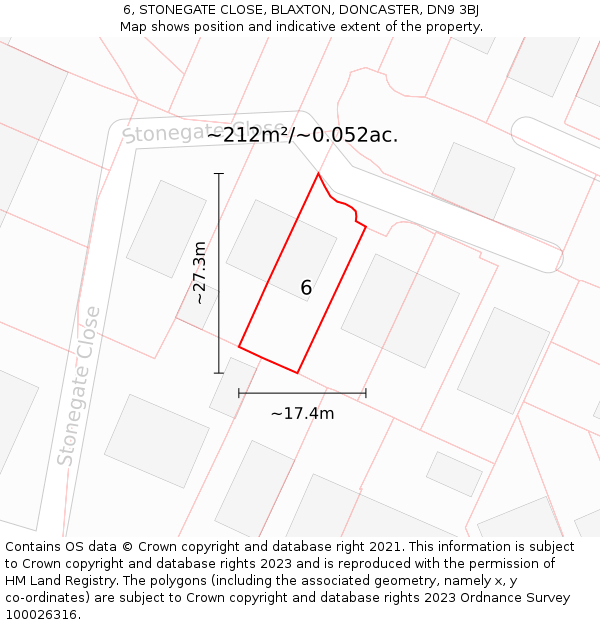 6, STONEGATE CLOSE, BLAXTON, DONCASTER, DN9 3BJ: Plot and title map