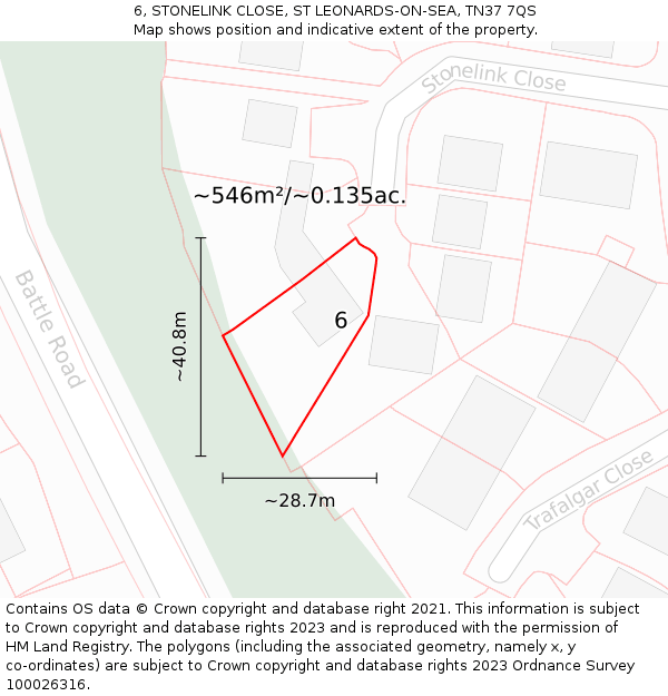 6, STONELINK CLOSE, ST LEONARDS-ON-SEA, TN37 7QS: Plot and title map